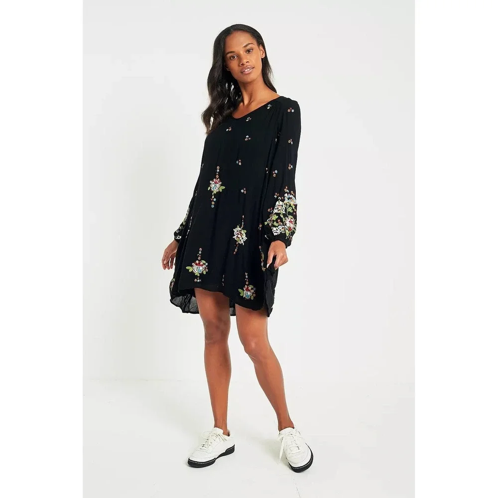 Free People Oxford Floral‎ Embroidered Boho Dress | Black + Floral